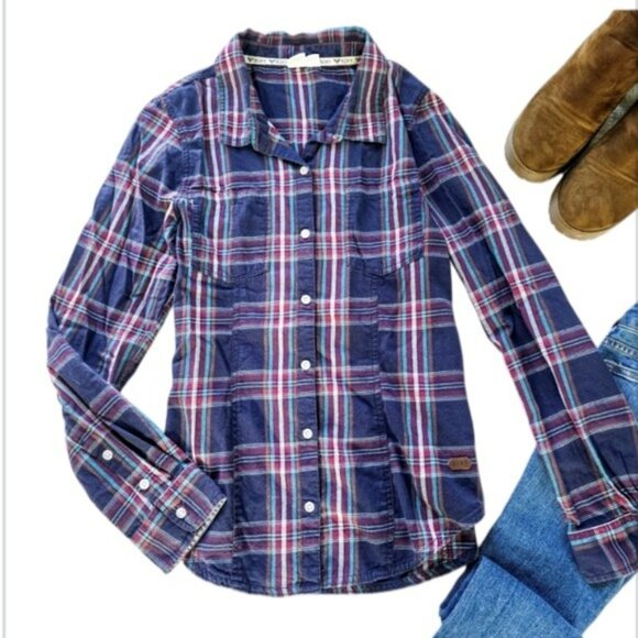 Roxy Women's Button Down Shirt Top Size XL Blue Red Plaid Grunge Long Sleeves - Picture 1 of 13